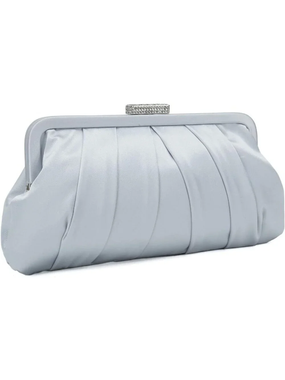 Women's Silver Classic Pleated Satin Clutch Purse Diamante Formal Evening Bag